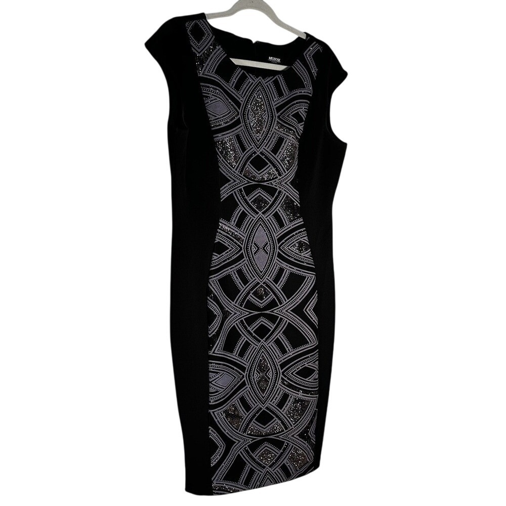 Melrose Social Women Black Silver Glitter Geometric Sheath Dress Size 14 Cap Sle - Picture 2 of 10